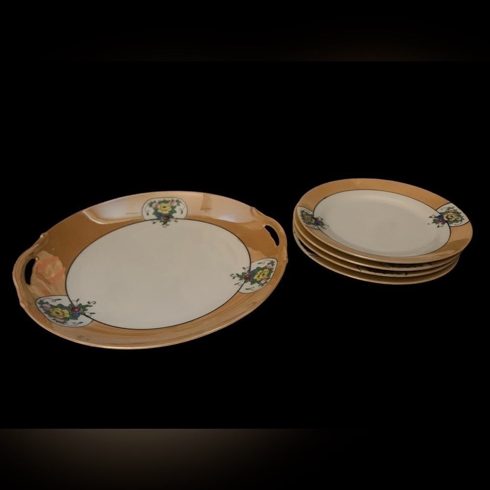 Vintage NORITAKE Cake Plate Server Japan Peach Lustreware Handled Yellow Roses